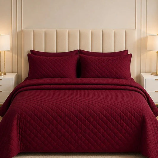 Luxury Quilted Bedspread Set – Maroon | Soft & Elegant Diamond Stitch Bedding