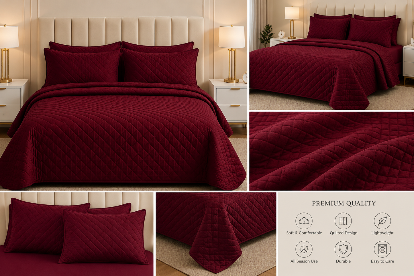 Luxury Quilted Bedspread Set – Maroon | Soft & Elegant Diamond Stitch Bedding